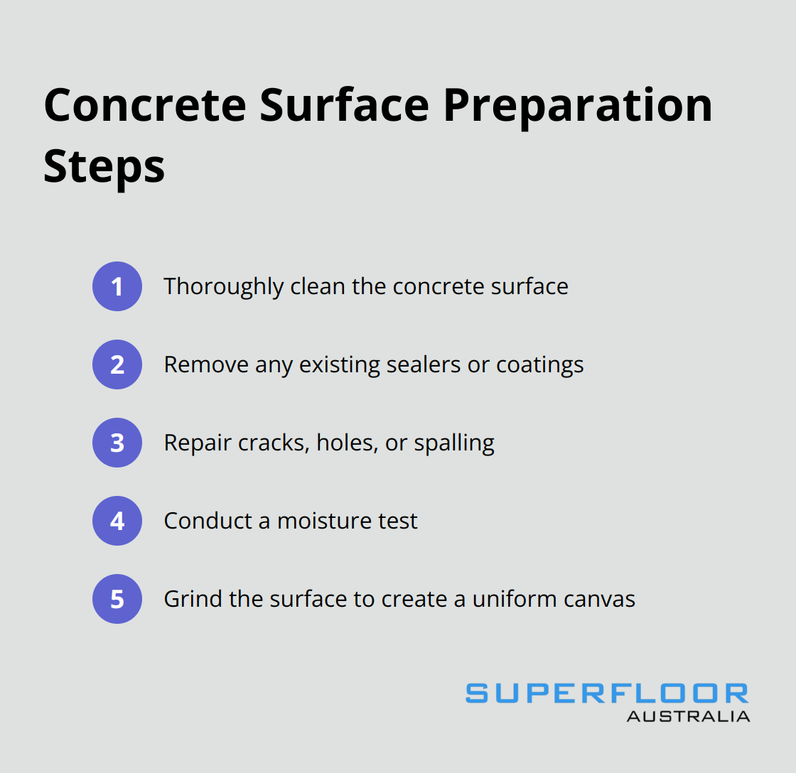 A chart outlining five key steps for preparing a concrete surface for polishing: thorough cleaning, removing existing coatings, repairing imperfections, moisture testing, and creating a smooth canvas. - diy concrete polishing australia