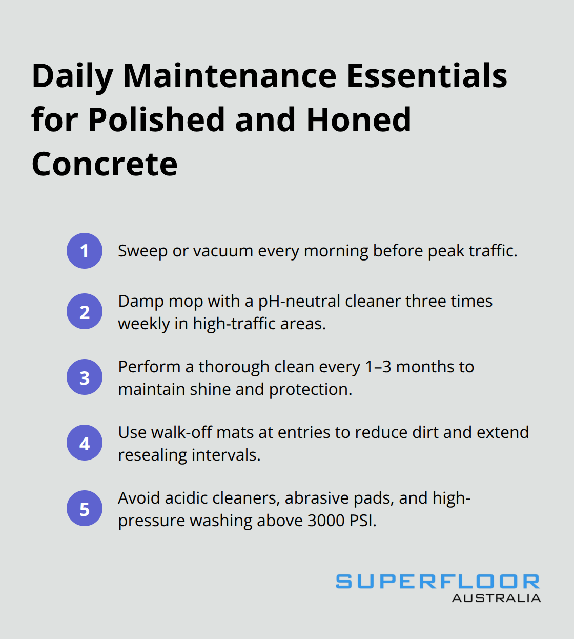 Compact checklist outlining simple daily and periodic maintenance tasks for concrete floors. - durable concrete floors