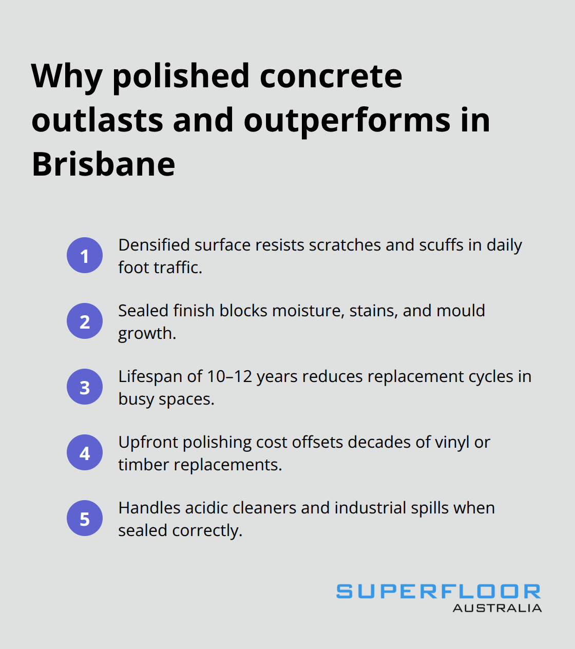 Compact list of durability and cost advantages of polished concrete for Brisbane businesses - durable polished concrete Brisbane