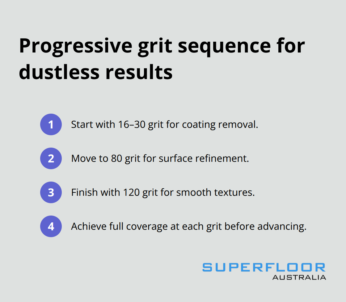 Ordered steps for grit progression to achieve smooth, dust-controlled finishes
