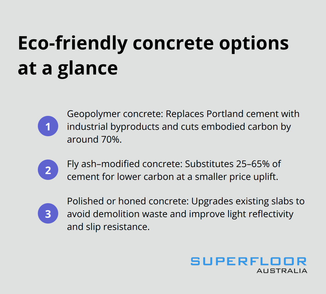 Compact list comparing geopolymer, fly ash–modified, and polished or honed concrete options for Brisbane. - eco friendly concrete brisbane