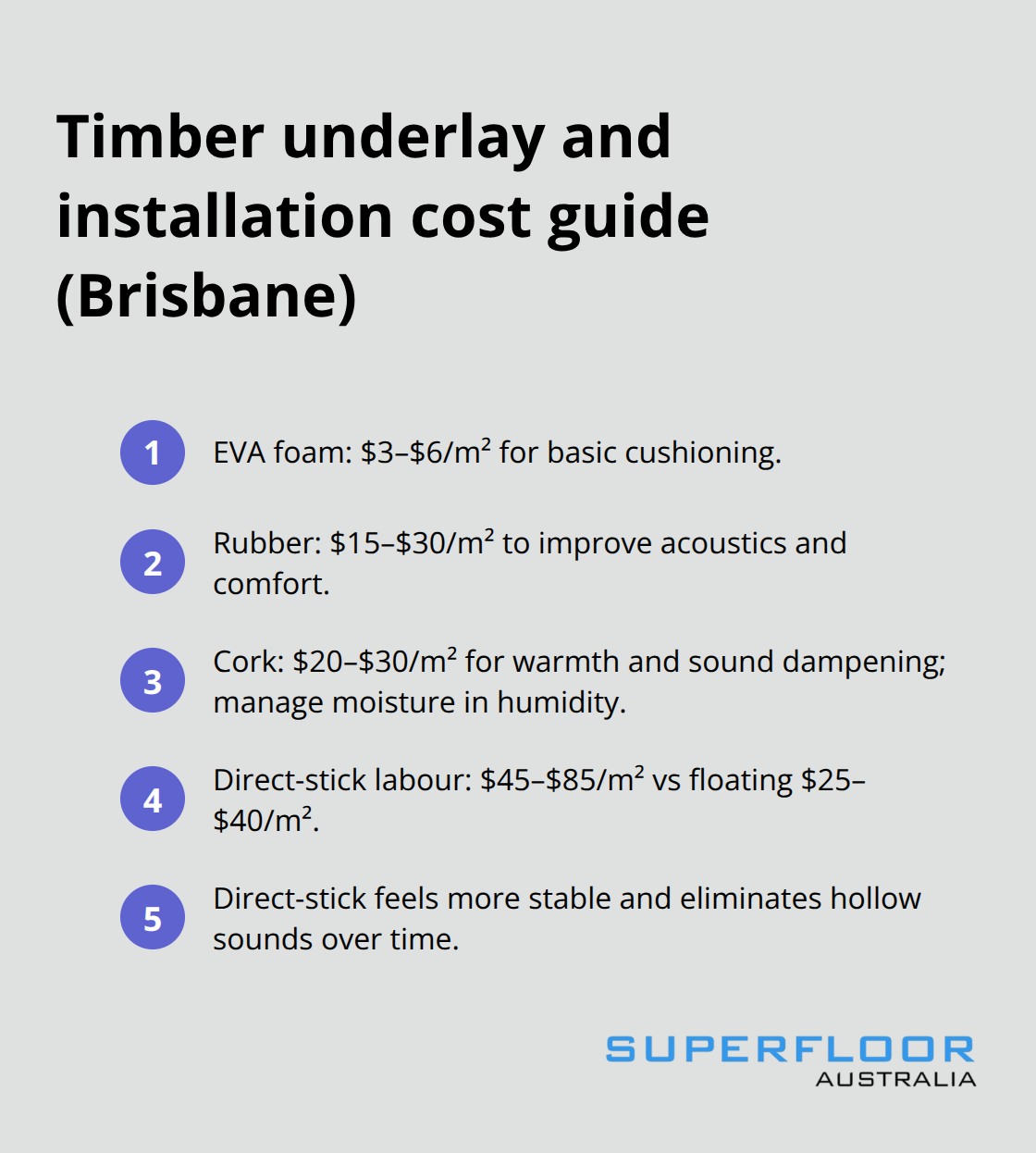 Compact list of underlay options and installation labour costs for engineered timber in Brisbane - eco friendly concrete brisbane