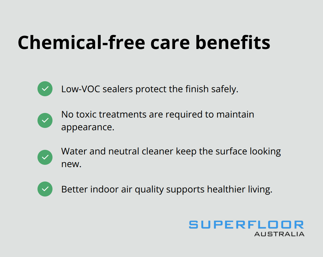 Checkmark list highlighting low-VOC, non-toxic, and easy maintenance advantages - eco friendly concrete floors