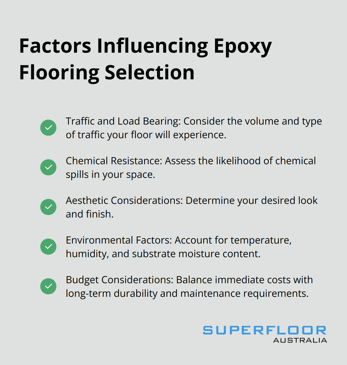 Checkmark list showing five key factors influencing epoxy flooring selection: traffic and load bearing, chemical resistance, aesthetic considerations, environmental factors, and budget considerations.