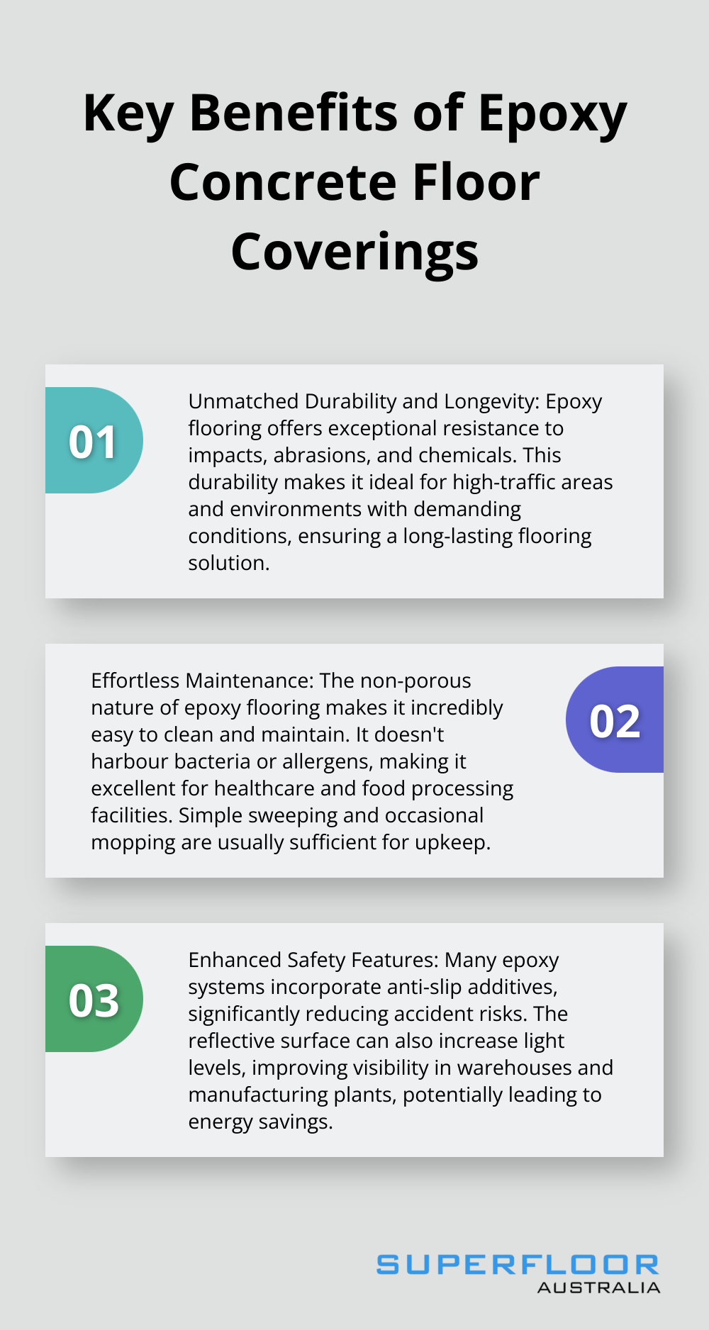 Ordered list showcasing three main benefits of epoxy concrete floor coverings: unmatched durability, effortless maintenance, and enhanced safety features.