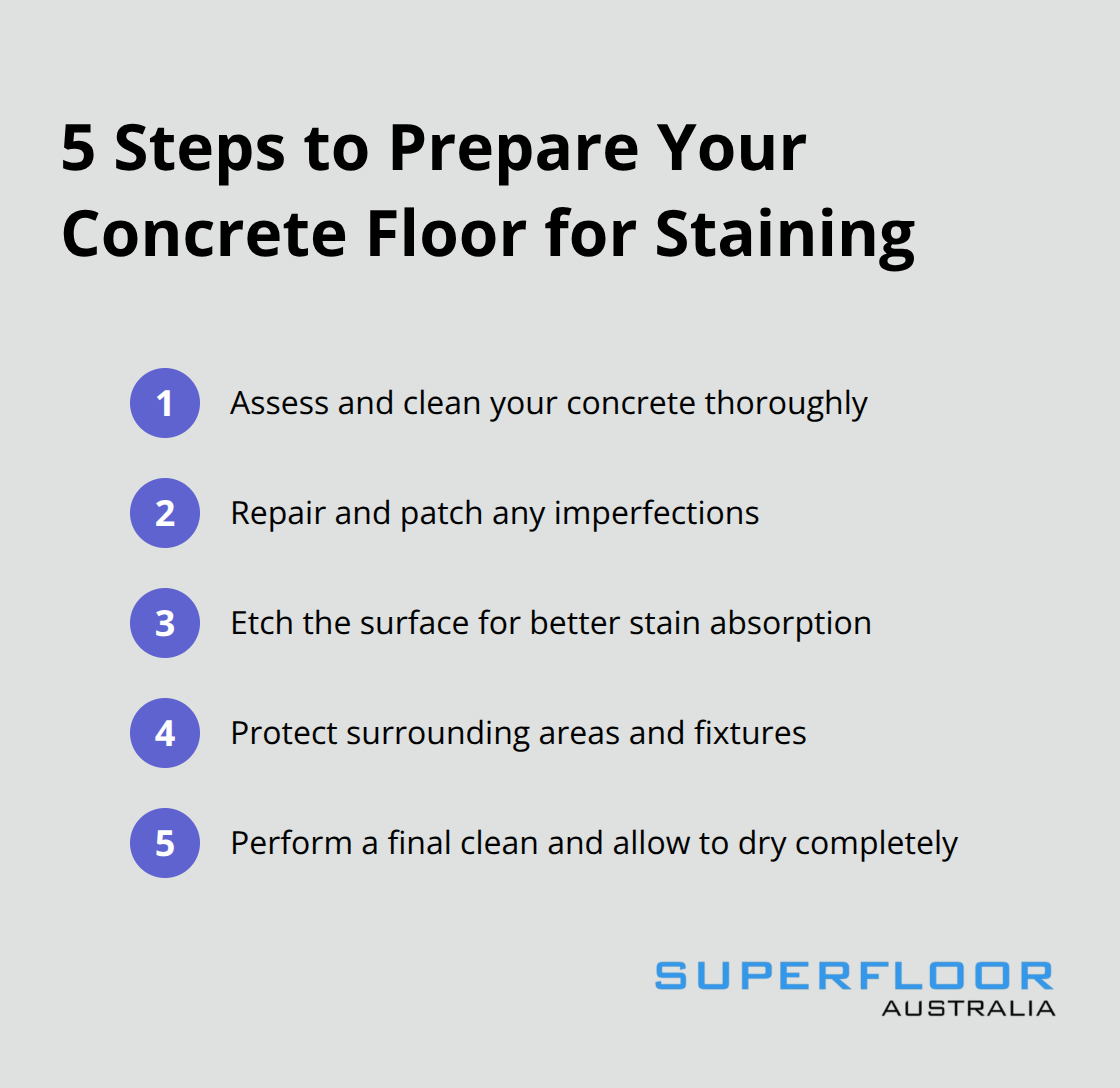 Ordered list chart showing 5 steps to prepare concrete floor for staining: Assess and clean, repair and patch, etch for better absorption, protect surroundings, and final clean and dry. - farmhouse stained concrete floors