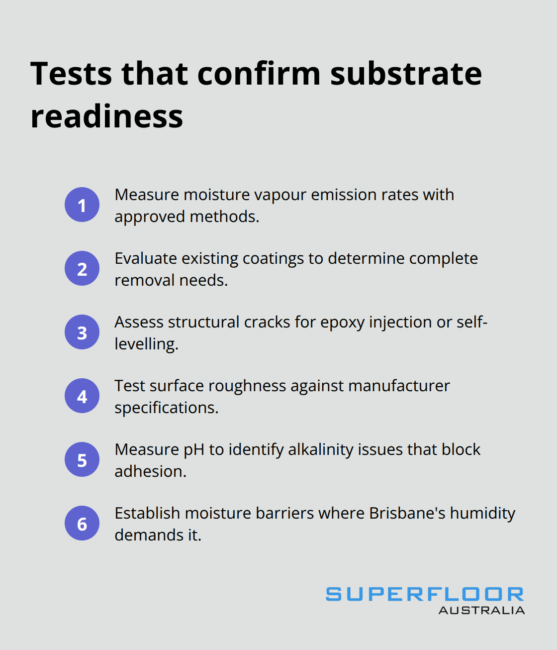 Ordered list of key tests to verify a concrete slab is ready for flooring in Brisbane - floor prep Brisbane solutions