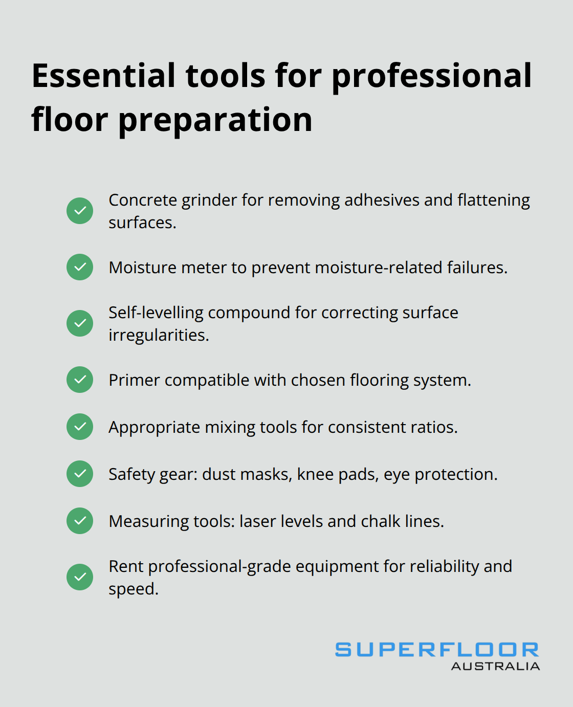 Checklist of essential tools and equipment for floor preparation