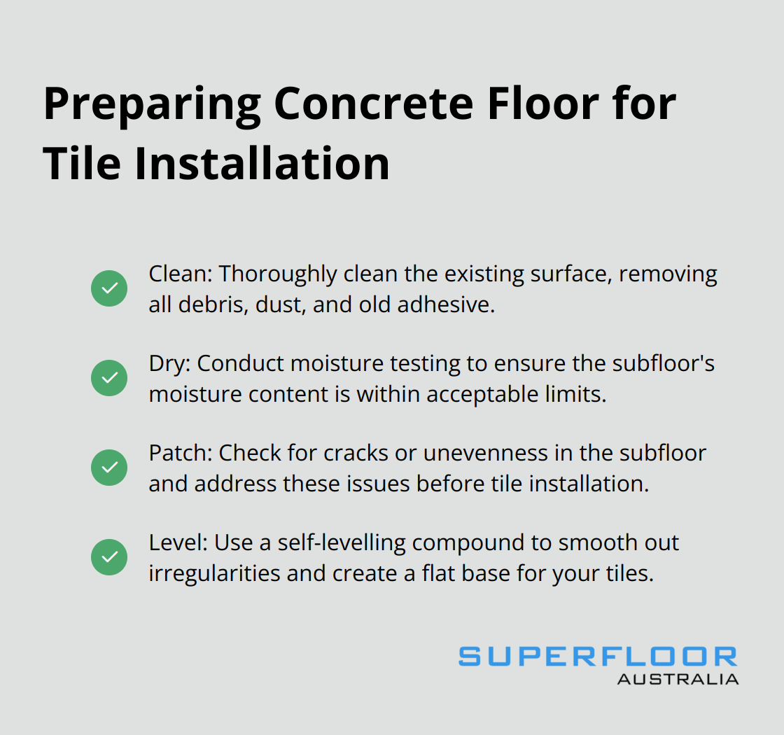 A checkmark list chart showing four principles for preparing a concrete floor for tile installation: clean, dry, patch, and level. - floor tiles concrete