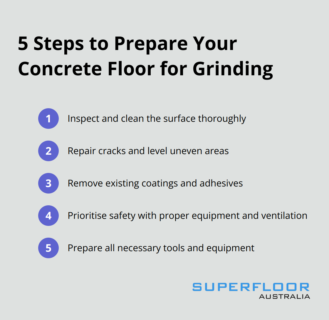 An ordered list showing five steps to prepare a concrete floor for grinding: inspect and clean, repair and level, remove existing coatings, prioritise safety, and prepare equipment.