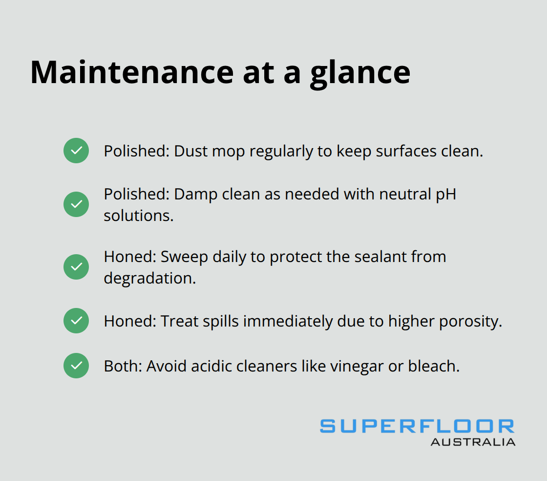 Checklist of daily and weekly care for honed and polished concrete