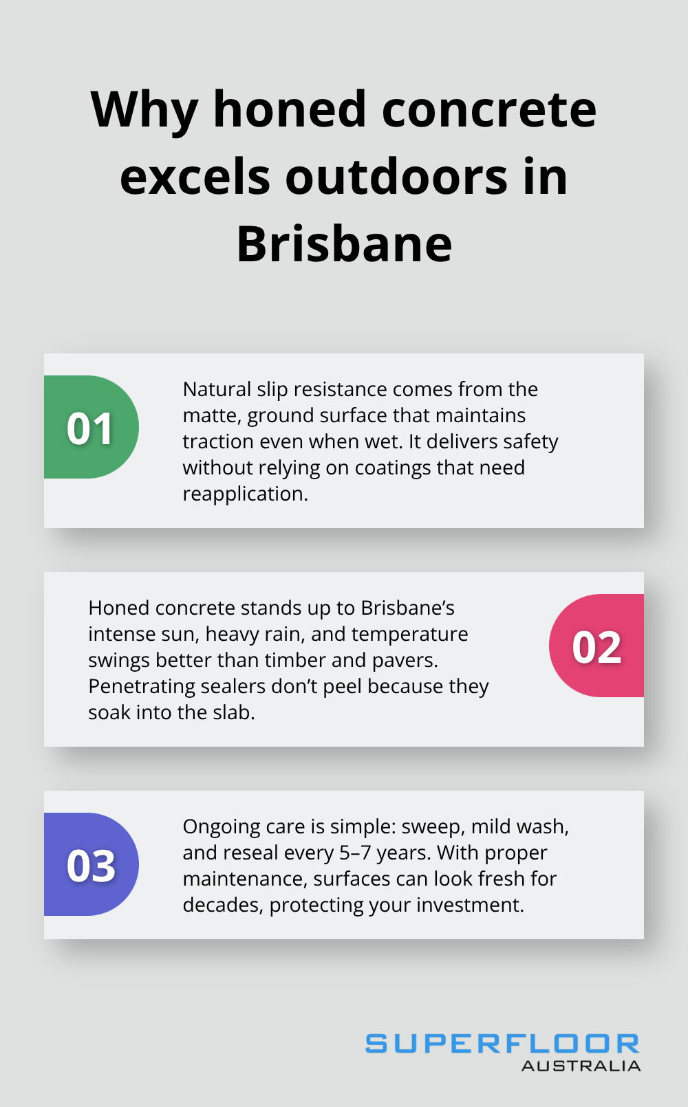 Three reasons honed concrete is ideal for Brisbane outdoor living: natural slip resistance, climate resilience, and low upkeep.