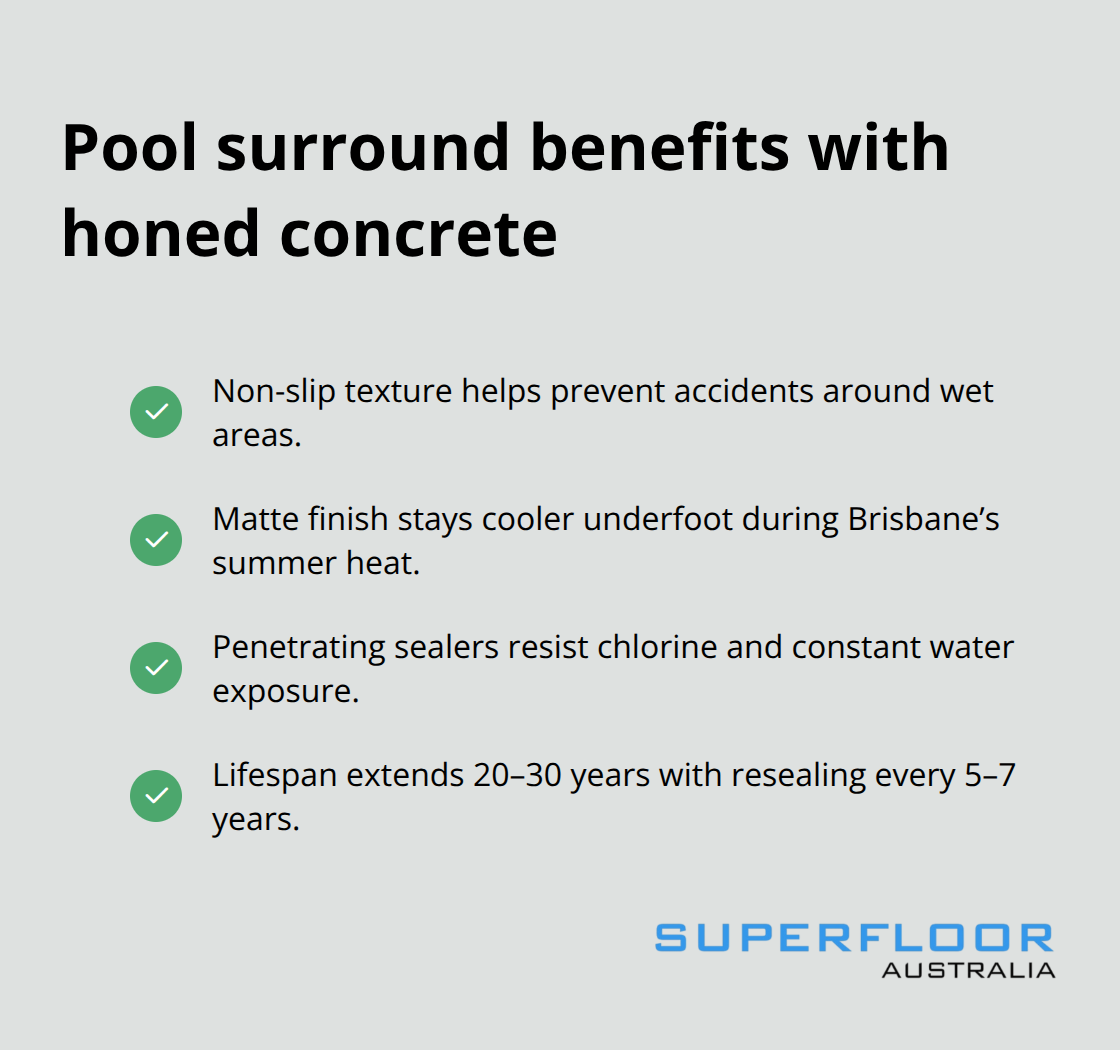 Checklist of honed concrete advantages for pool areas in Brisbane, including safety, comfort, and longevity. - honed concrete Brisbane