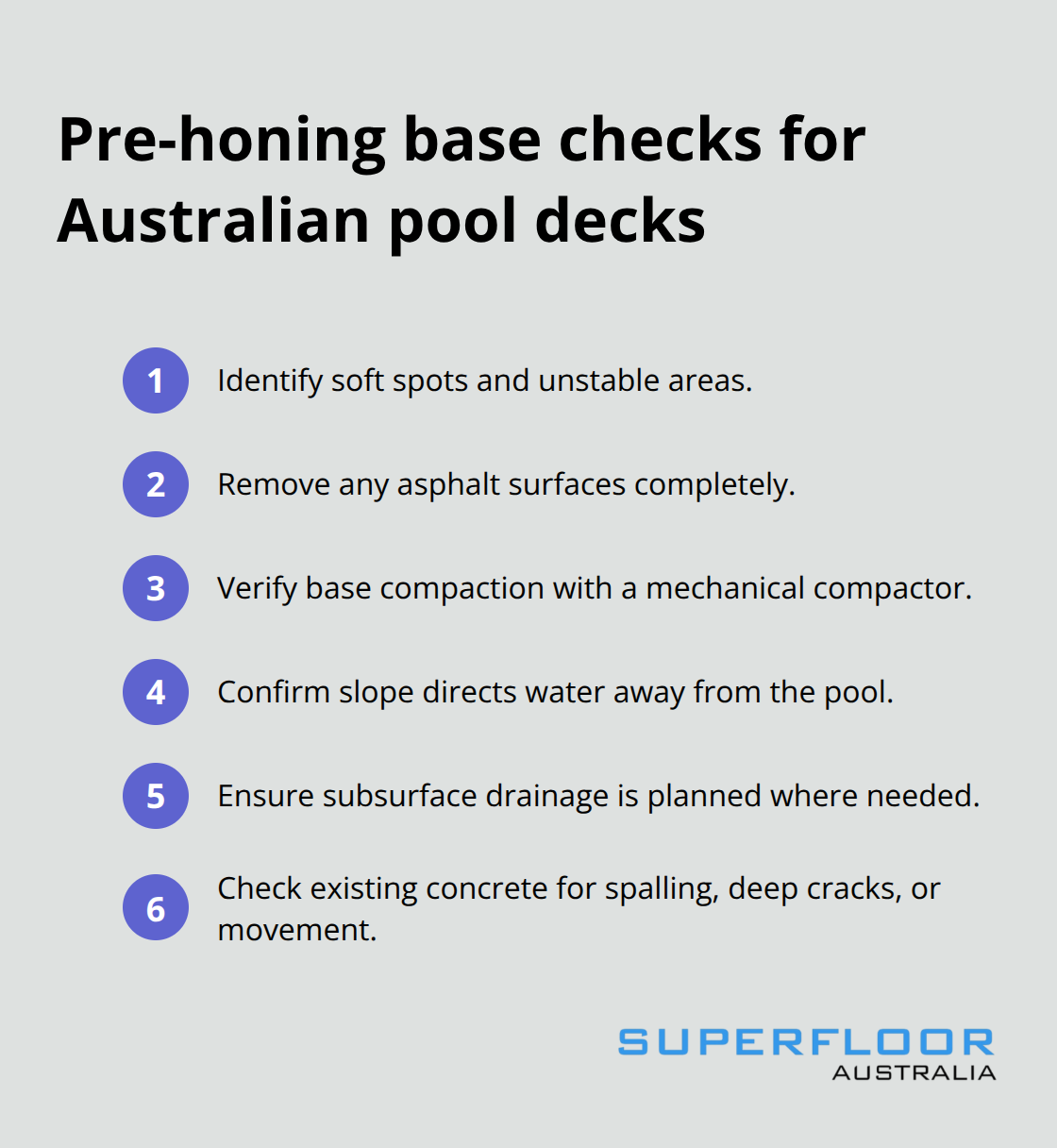 Compact checklist of base preparation essentials before honing concrete around pools