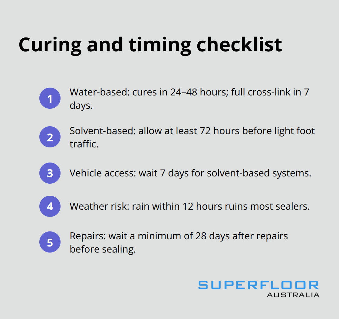 Compact timeline for water-based and solvent-based sealer curing and critical wait times.