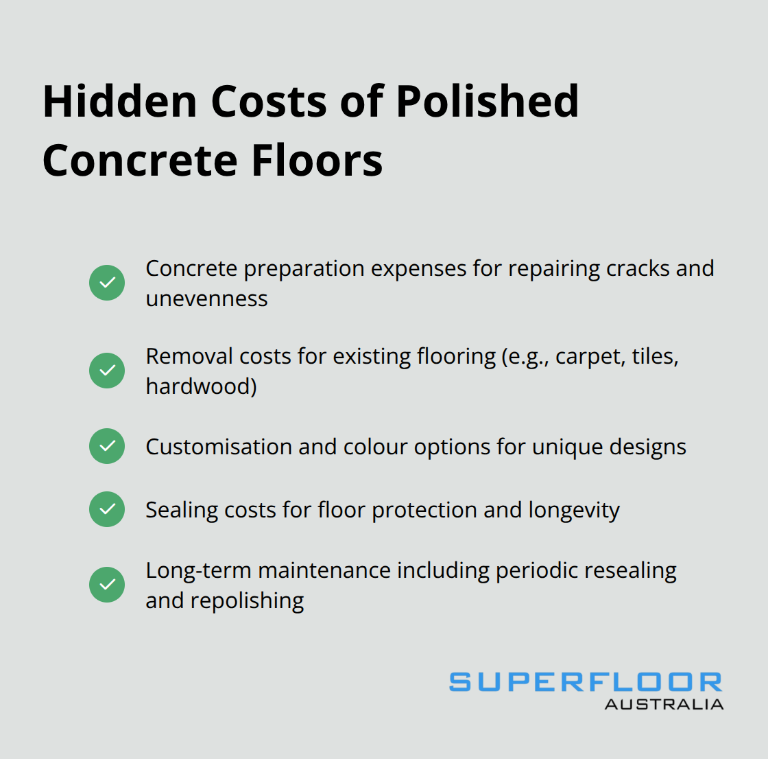 Checkmark list of hidden costs associated with polished concrete floors - how much do polished concrete floors cost