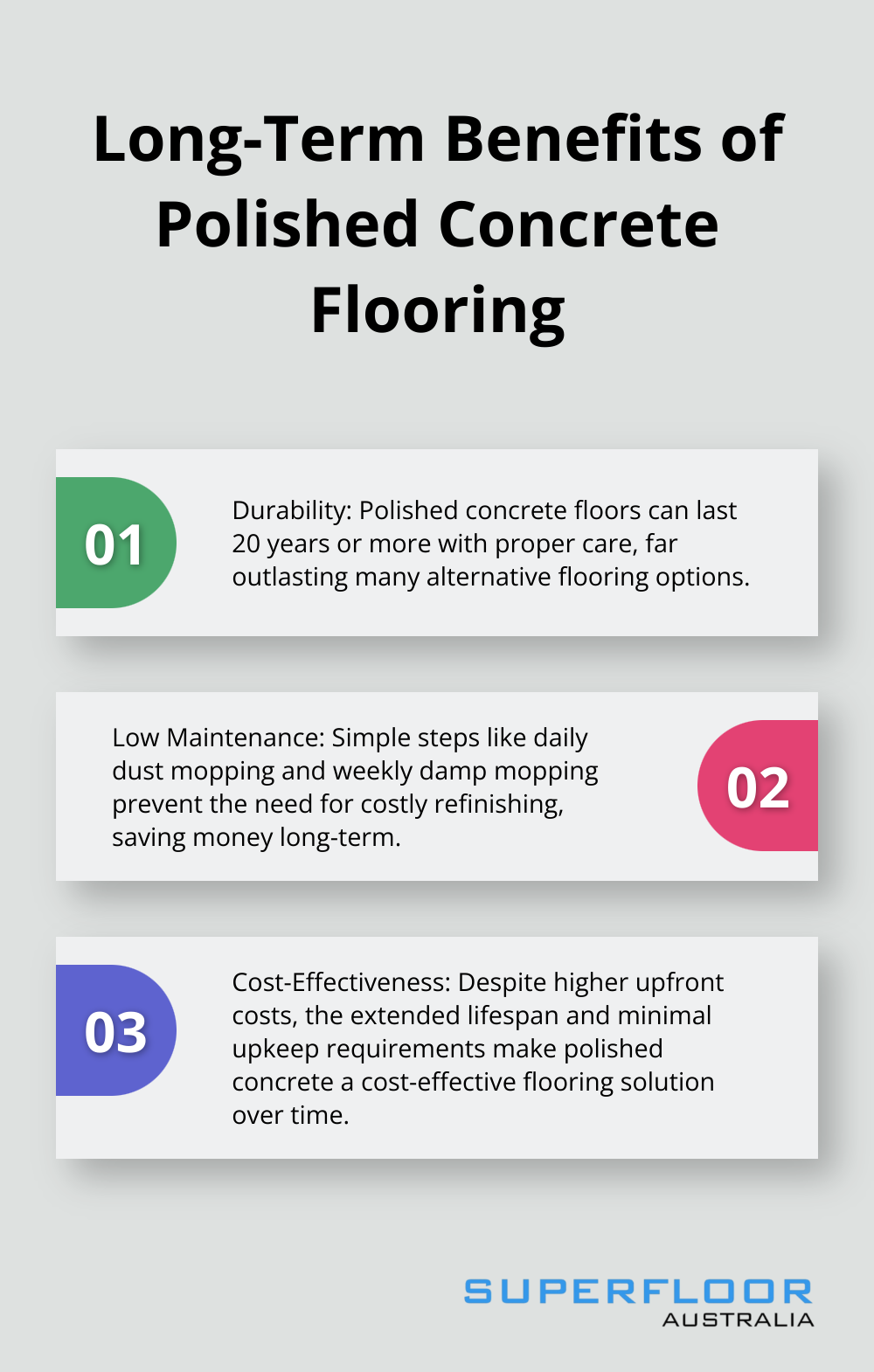 Ordered list chart showing three key long-term benefits of polished concrete flooring - how much does polishing concrete cost