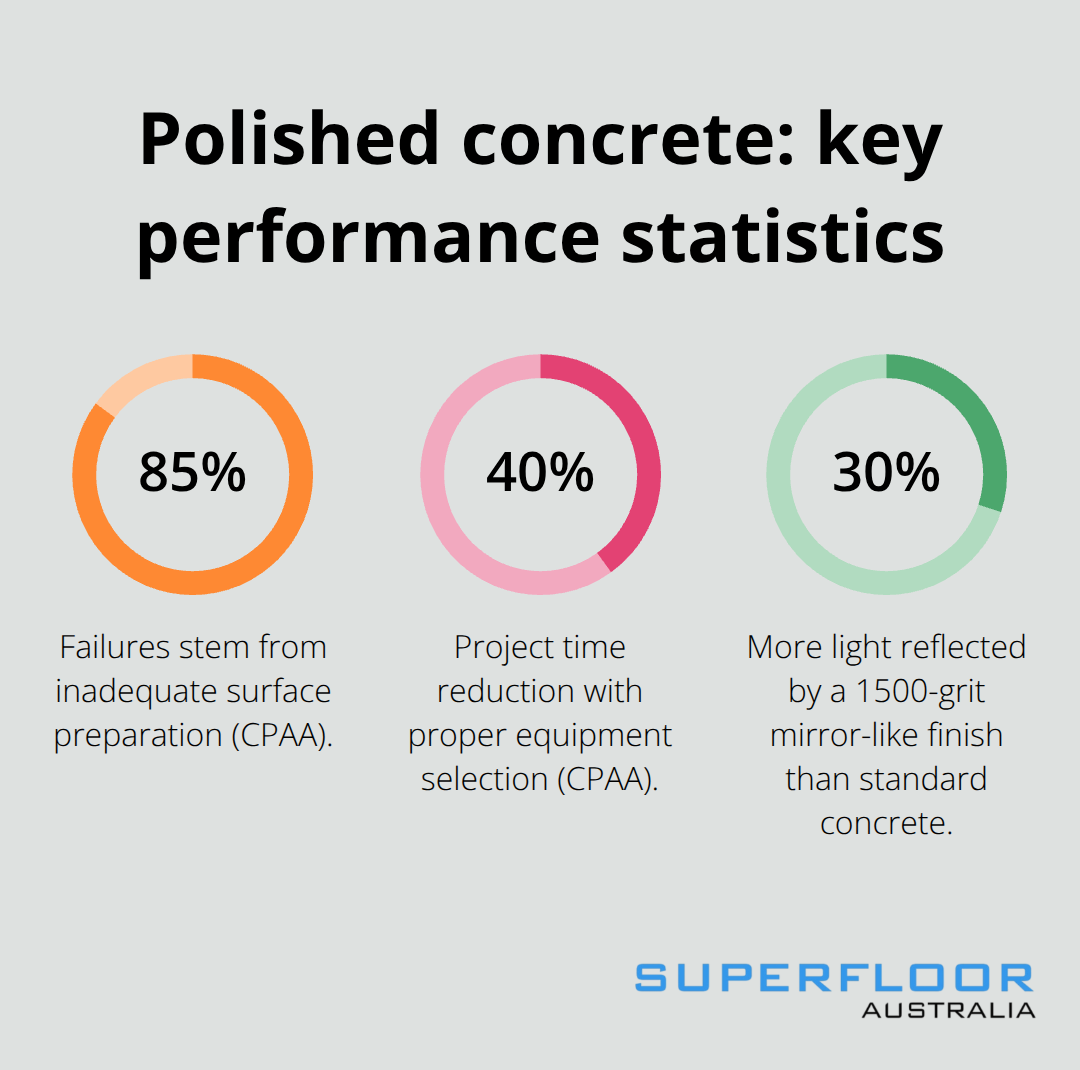 Percentages highlighting failure causes, time savings, and light reflectivity in polished concrete - how to polish a concrete floor