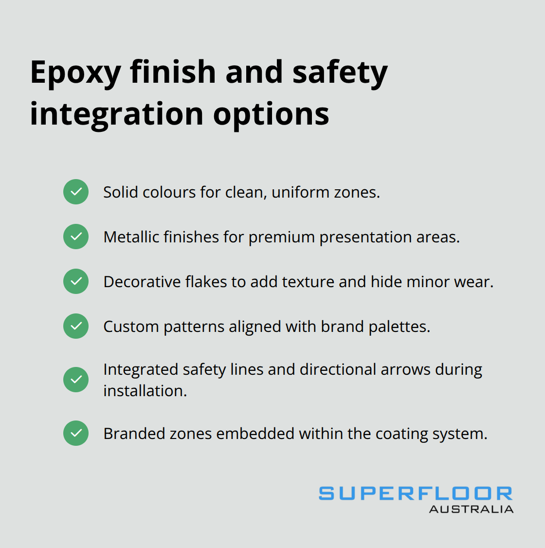Checklist of epoxy aesthetic finishes and built-in safety markings - industrial floor finishing Brisbane