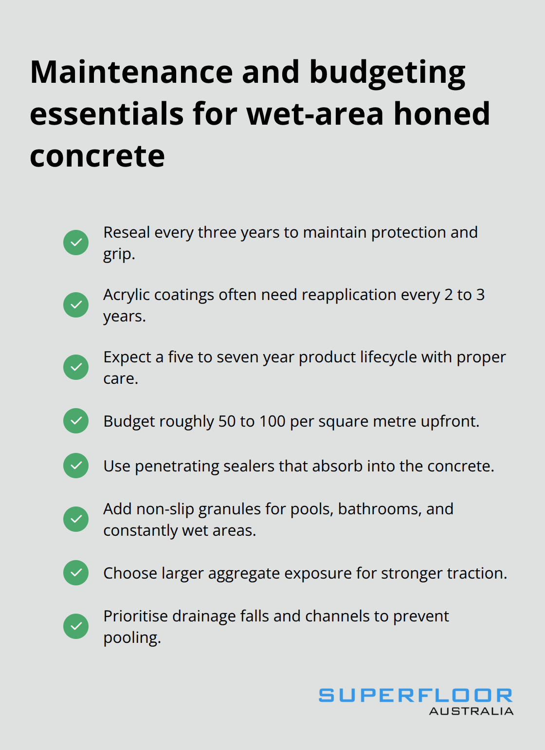 Checklist of upkeep intervals and cost expectations for honed concrete in Australia