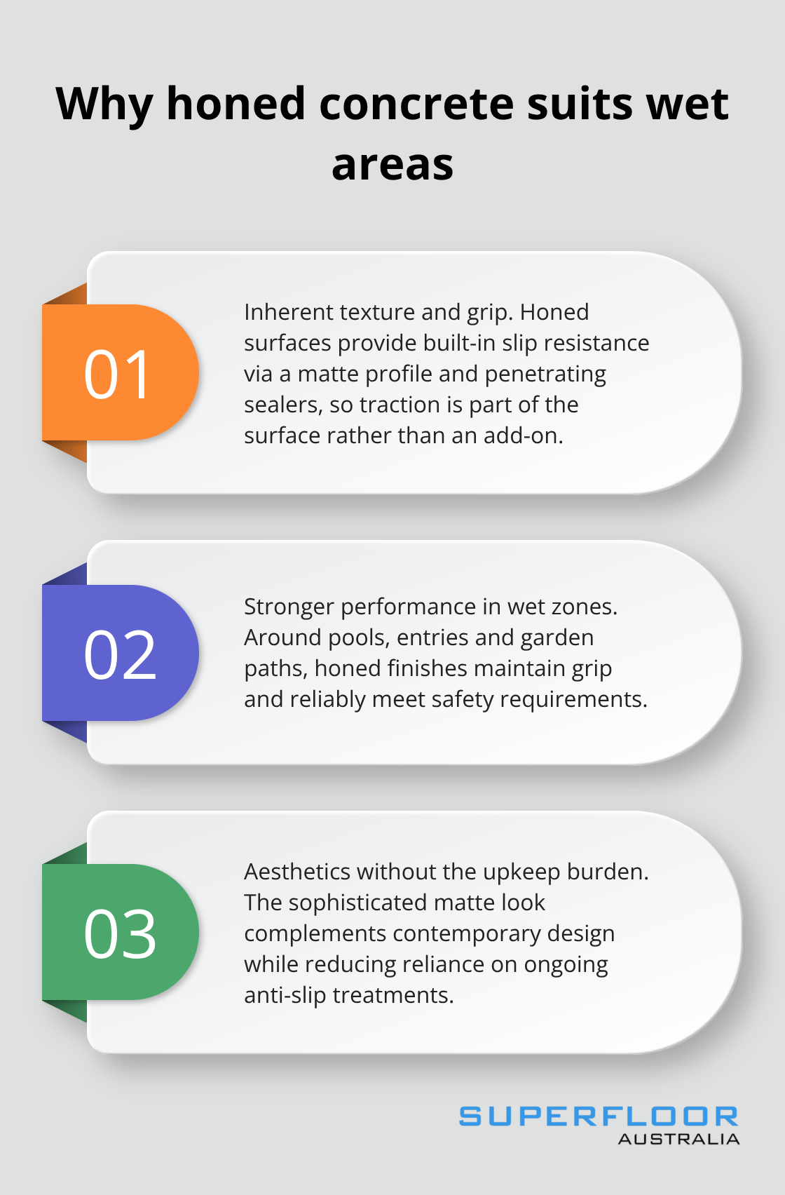 Three reasons honed concrete outperforms polished surfaces in wet Australian environments