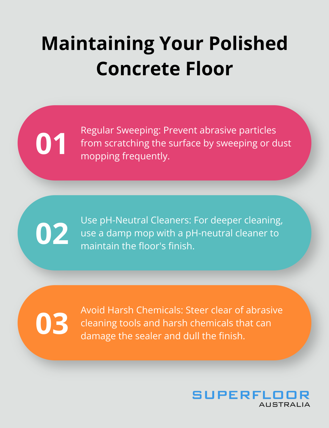An ordered list chart showing three key maintenance tips for polished concrete floors: regular sweeping or dust mopping, using pH-neutral cleaners, and avoiding harsh chemicals.