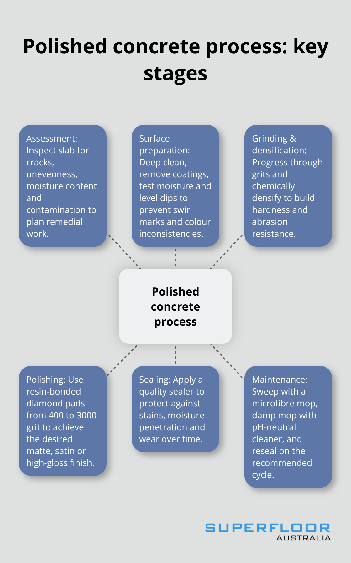Hub-and-spoke diagram showing the stages of the polished concrete process