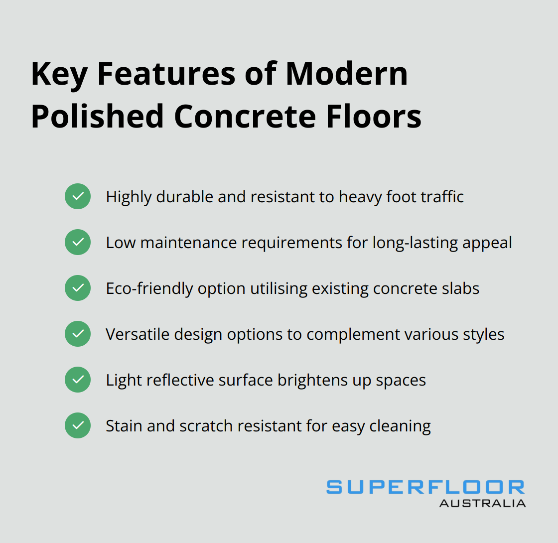 Checklist of key features of modern polished concrete floors: durability, low maintenance, eco-friendly, versatile design, light reflective, and stain resistant.