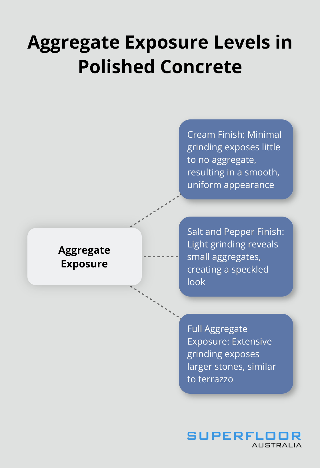 Hub and spoke diagram showing three levels of aggregate exposure in polished concrete floors: cream finish, salt and pepper finish, and full aggregate exposure.