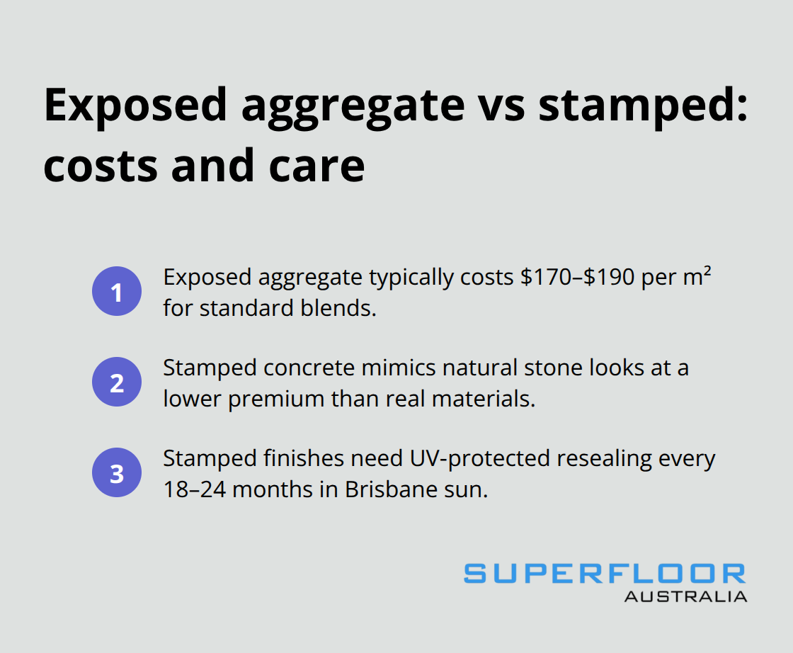 Compact list comparing cost range and resealing needs for exposed aggregate and textured stamped finishes - outdoor concrete finishes Brisbane