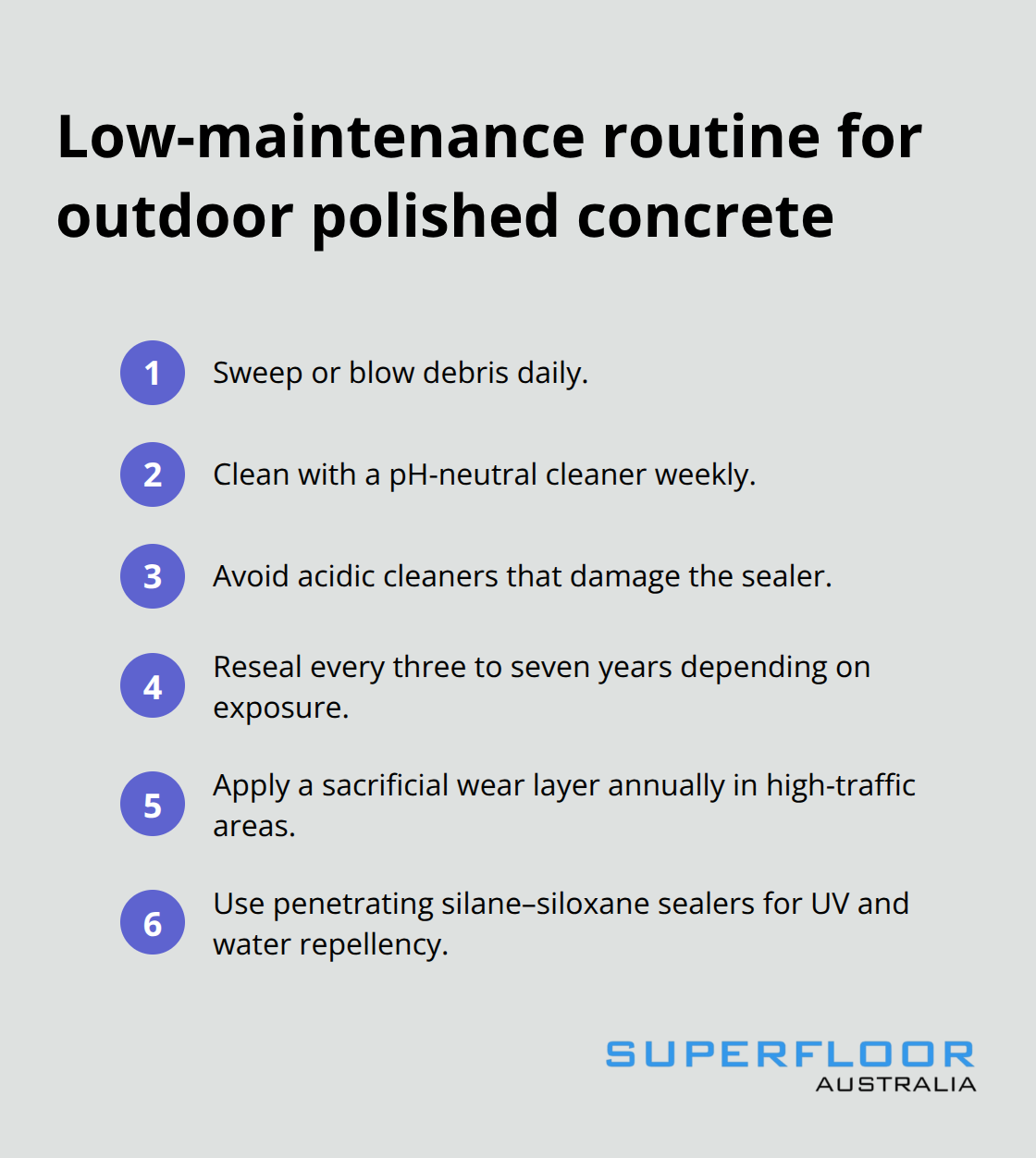 Compact checklist of maintenance tasks for outdoor polished or honed concrete in Brisbane - outdoor concrete finishing ideas