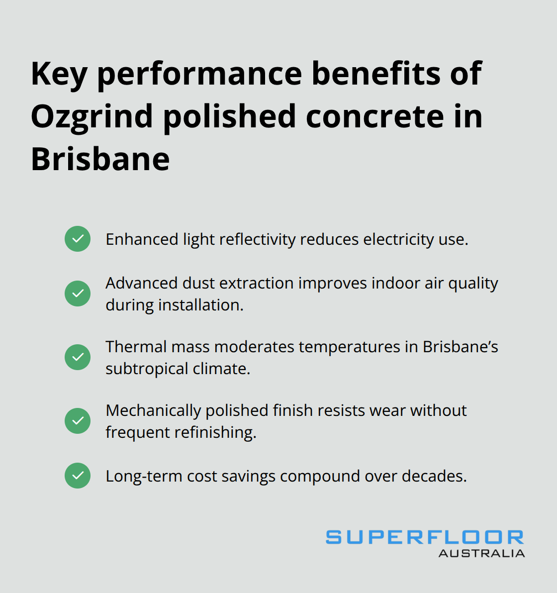 Checkmarked list of Ozgrind performance benefits for Brisbane properties - ozgrind polished concrete brisbane