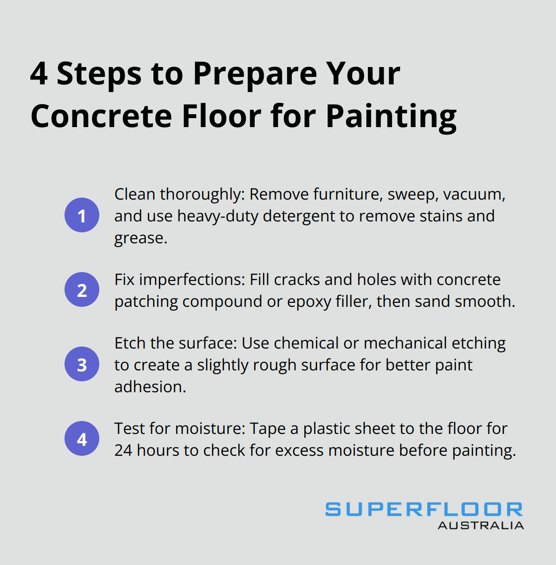 An ordered list showing the four main steps to prepare a concrete floor for painting: Clean thoroughly, Fix imperfections, Etch the surface, and Test for moisture. - painted concrete floors in house