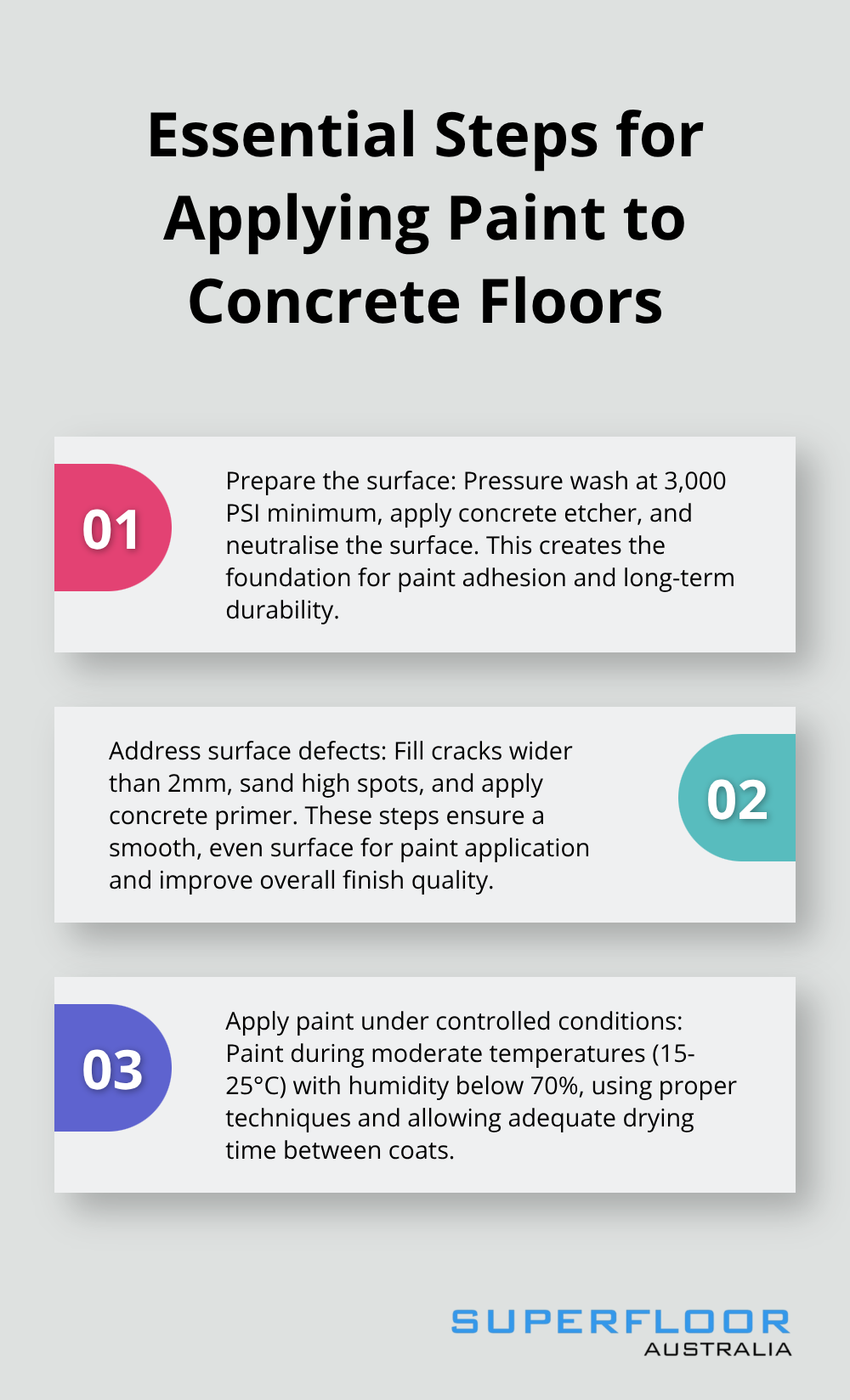 Ordered list of three crucial steps in applying paint to concrete floors for maximum durability - painted concrete floors outside