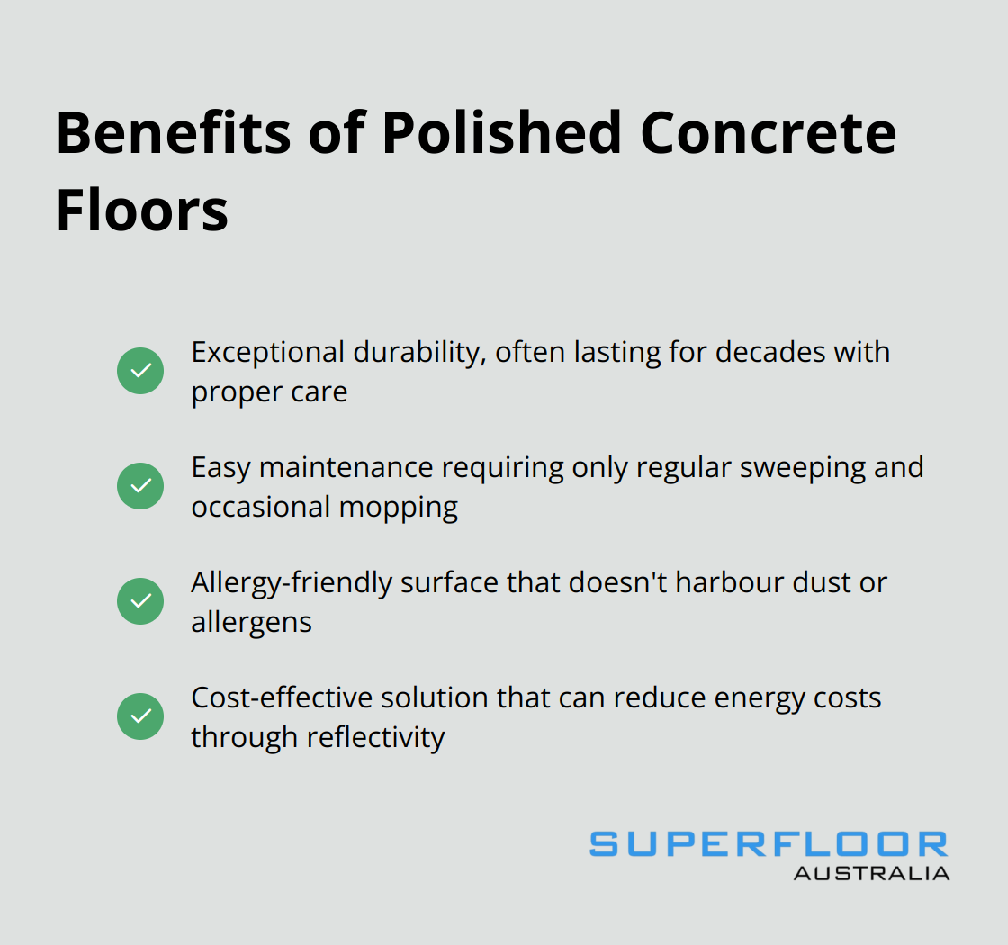 Checklist of benefits of polished concrete floors: durability, easy maintenance, allergy-friendly, and cost-effective - polish and seal concrete floors