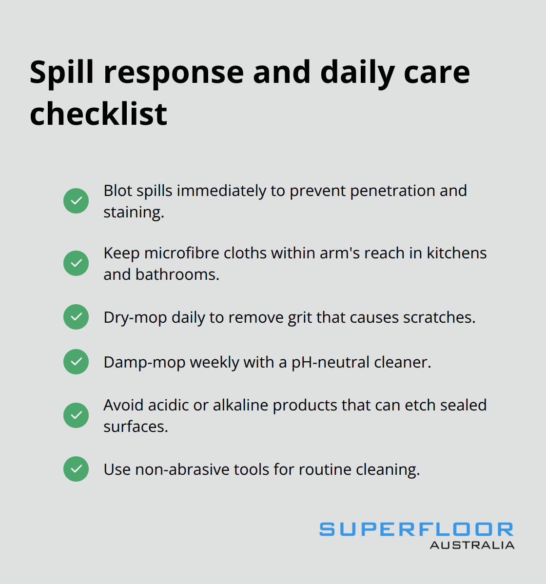 Checklist for daily cleaning and spill management on polished concrete floors.