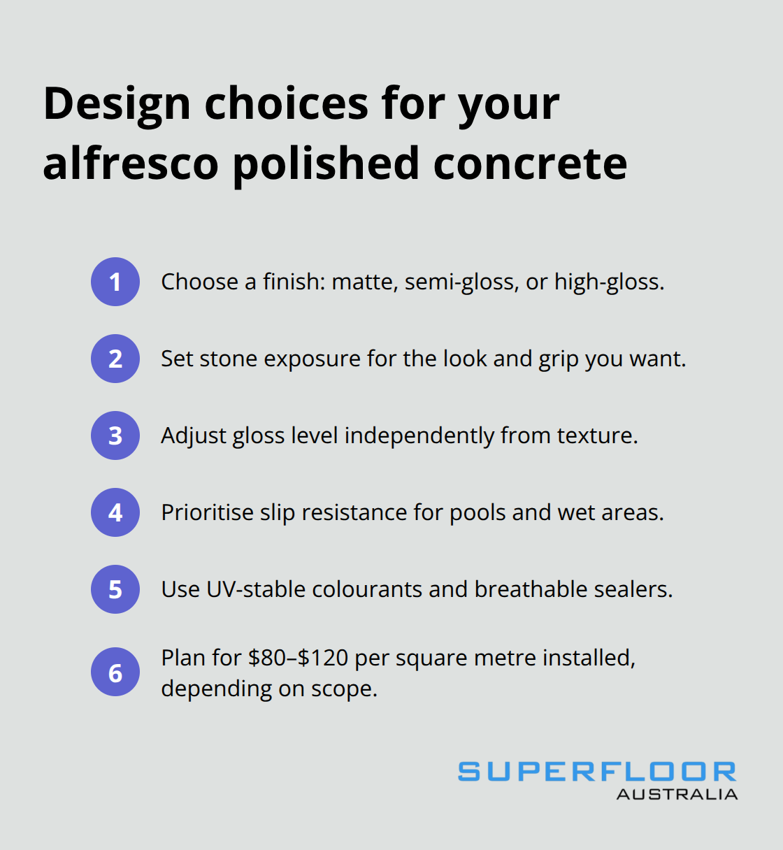 Compact checklist of finish, texture, safety, durability, and budget choices for Australian alfresco areas - polished concrete alfresco