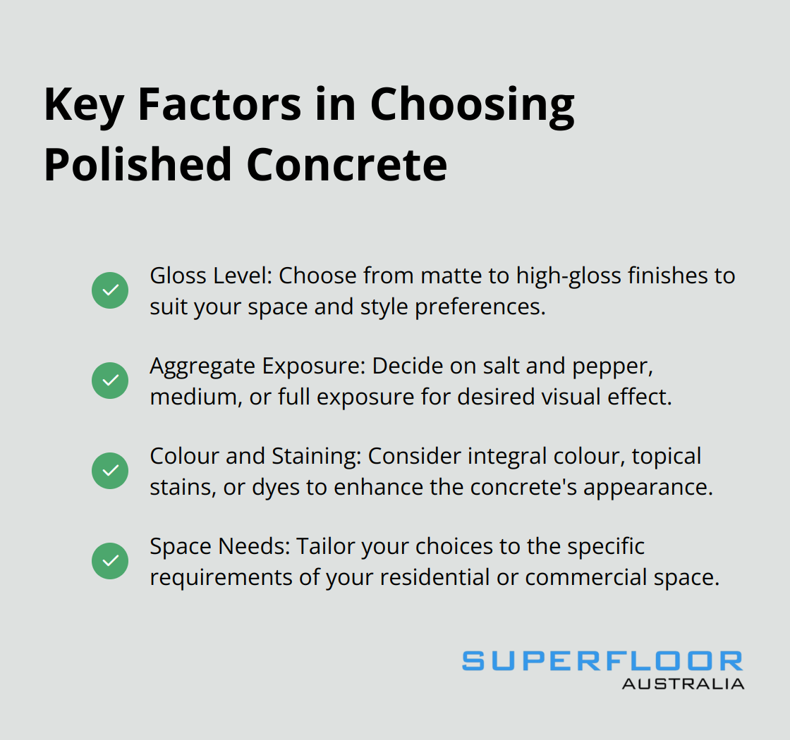A checkmark list showing the key factors to consider when choosing polished concrete: Gloss Level, Aggregate Exposure, Colour and Staining, and Space Needs. - polished concrete brisbane