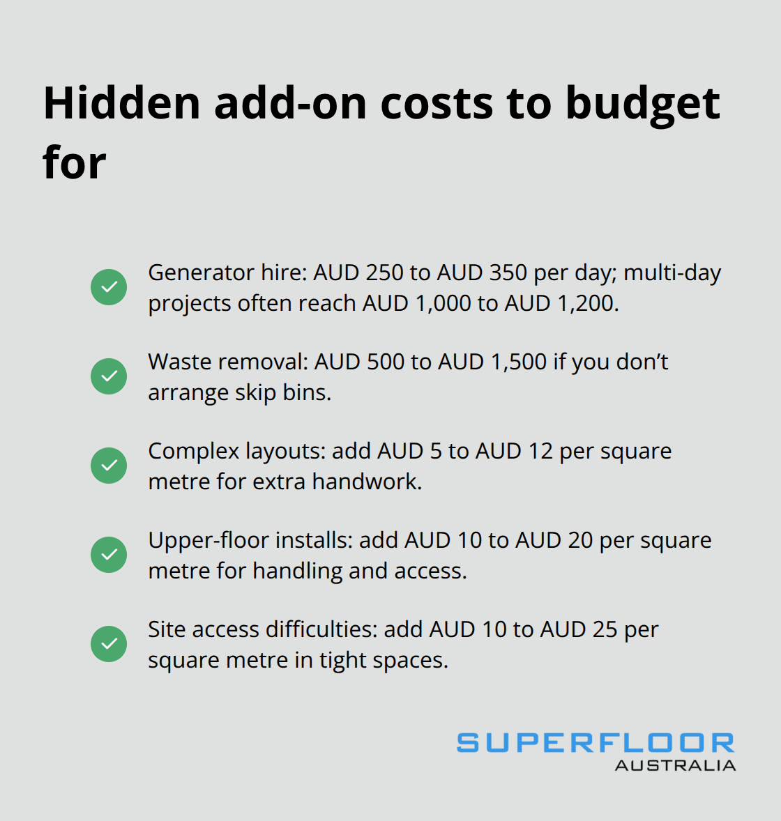 Checklist of additional costs that can increase polished concrete project pricing - polished concrete cost analysis