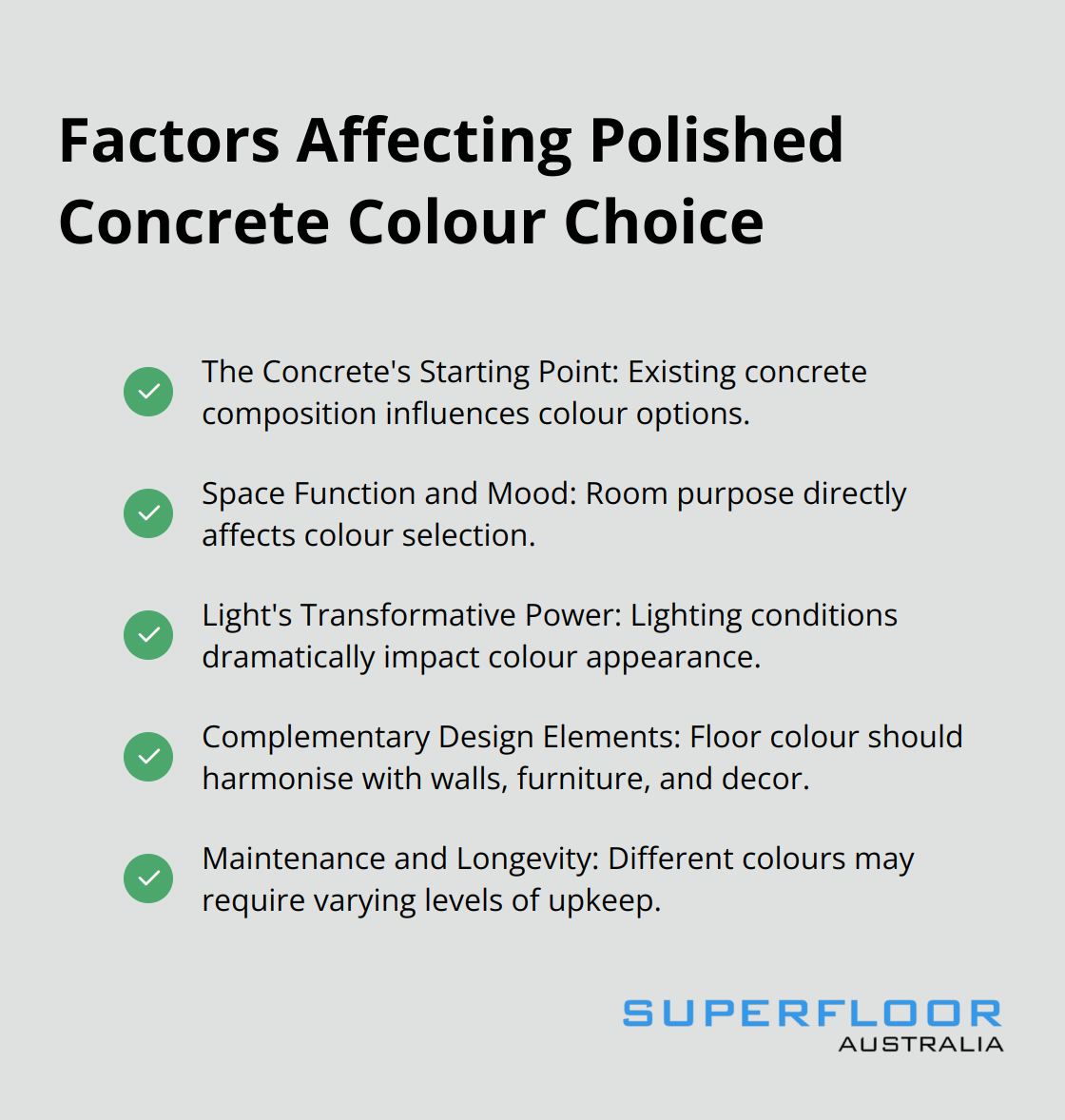 A checkmark list chart displaying five key factors that influence the choice of colour for polished concrete floors: The Concrete's Starting Point, Space Function and Mood, Light's Transformative Power, Complementary Design Elements, and Maintenance and Longevity.