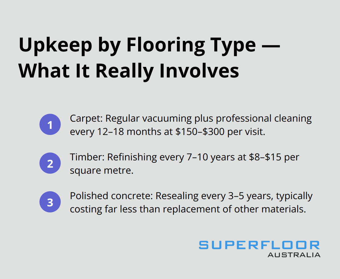 Compact comparison of maintenance needs for carpet, timber, and polished concrete in Australia. - polished concrete floors Brisbane