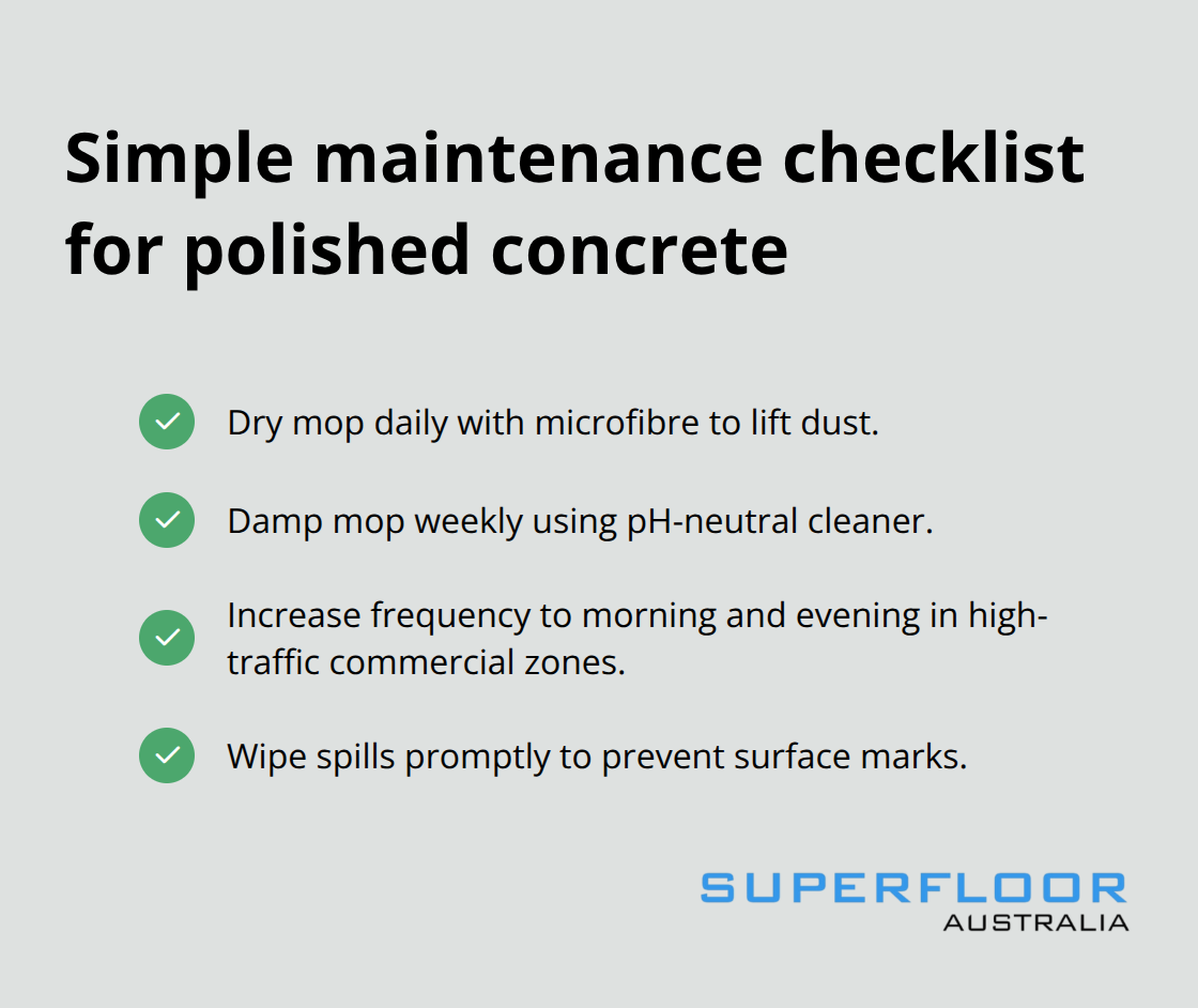 Checklist of routine cleaning steps to keep polished concrete looking its best.