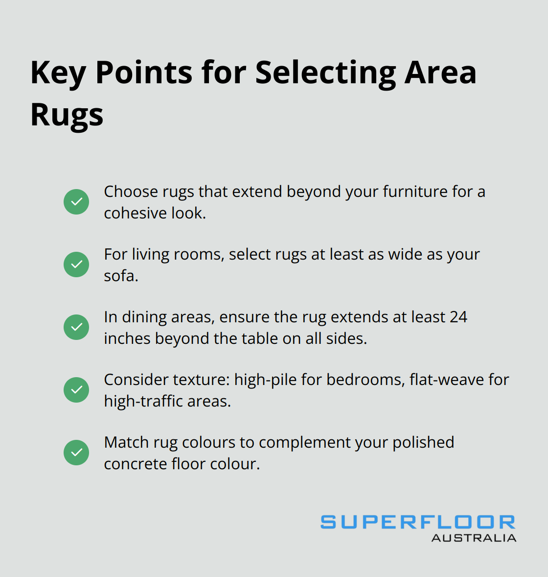 Checklist of important factors when choosing area rugs for polished concrete floors - polished concrete floors apartment