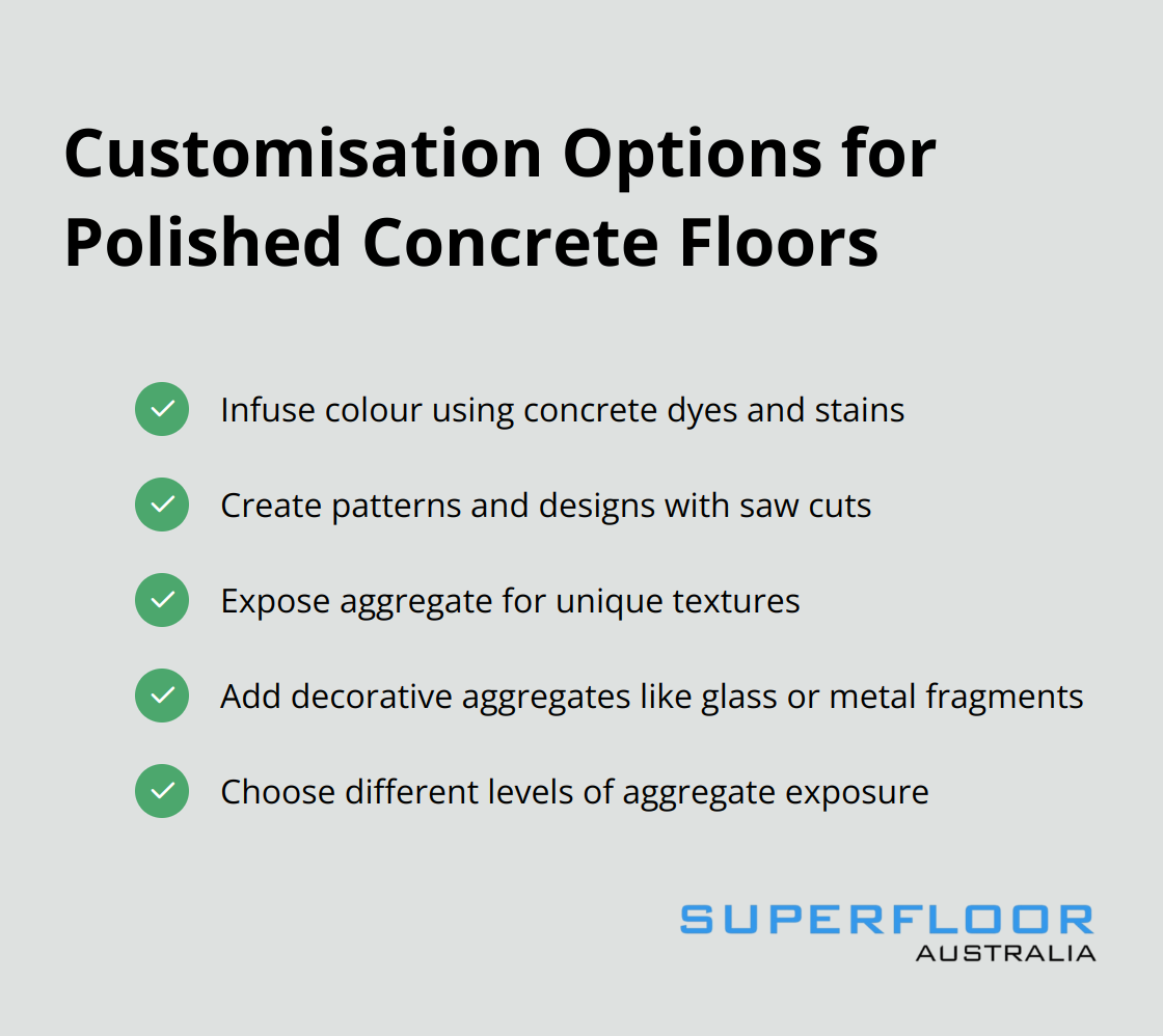 Checkmark list showing various customisation options for polished concrete floors, including colour infusion, patterns and designs, and aggregate exposure. - polished concrete floors on existing slab