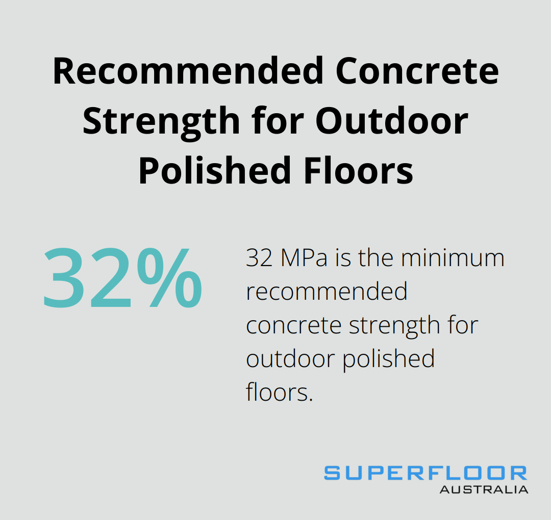 Chart showing 32 MPa as the recommended minimum concrete strength for outdoor polished floors