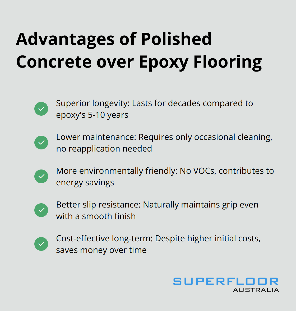 Checkmark list chart comparing the advantages of polished concrete over epoxy flooring, including longevity, maintenance, environmental impact, and safety - polished concrete floors vs epoxy
