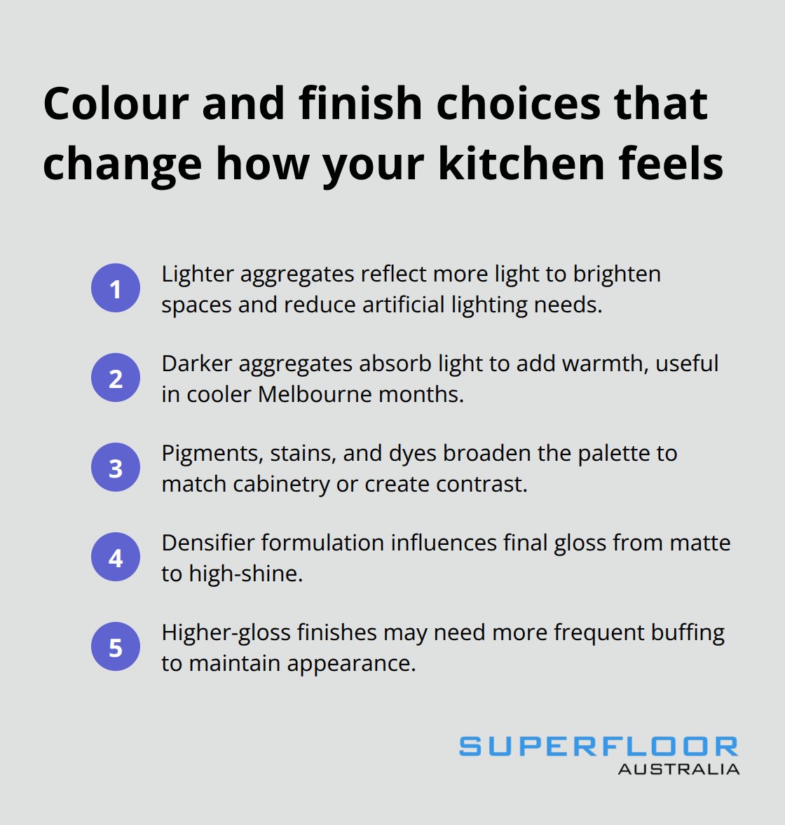 How aggregate tone, pigments, and densifiers influence light, warmth, and gloss - polished concrete kitchen floors