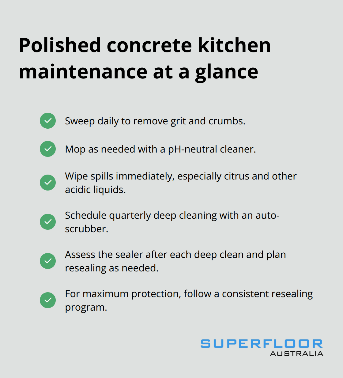 Quick maintenance checklist for polished concrete kitchens in Australia