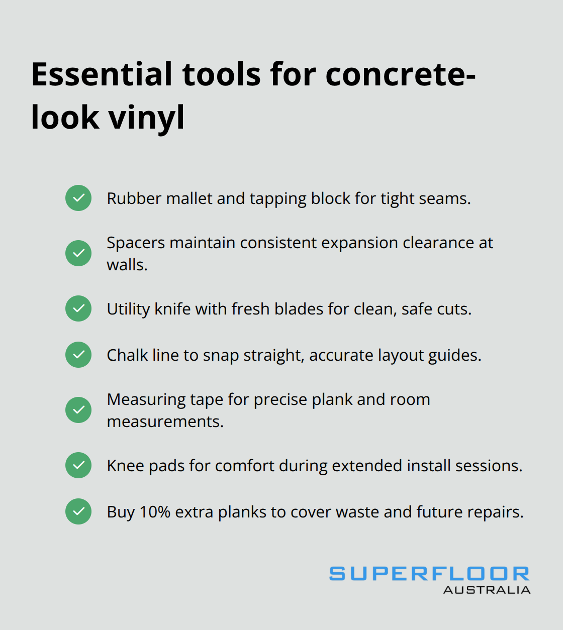 Checklist of tools and materials for installing concrete-look vinyl flooring - polished concrete look vinyl flooring