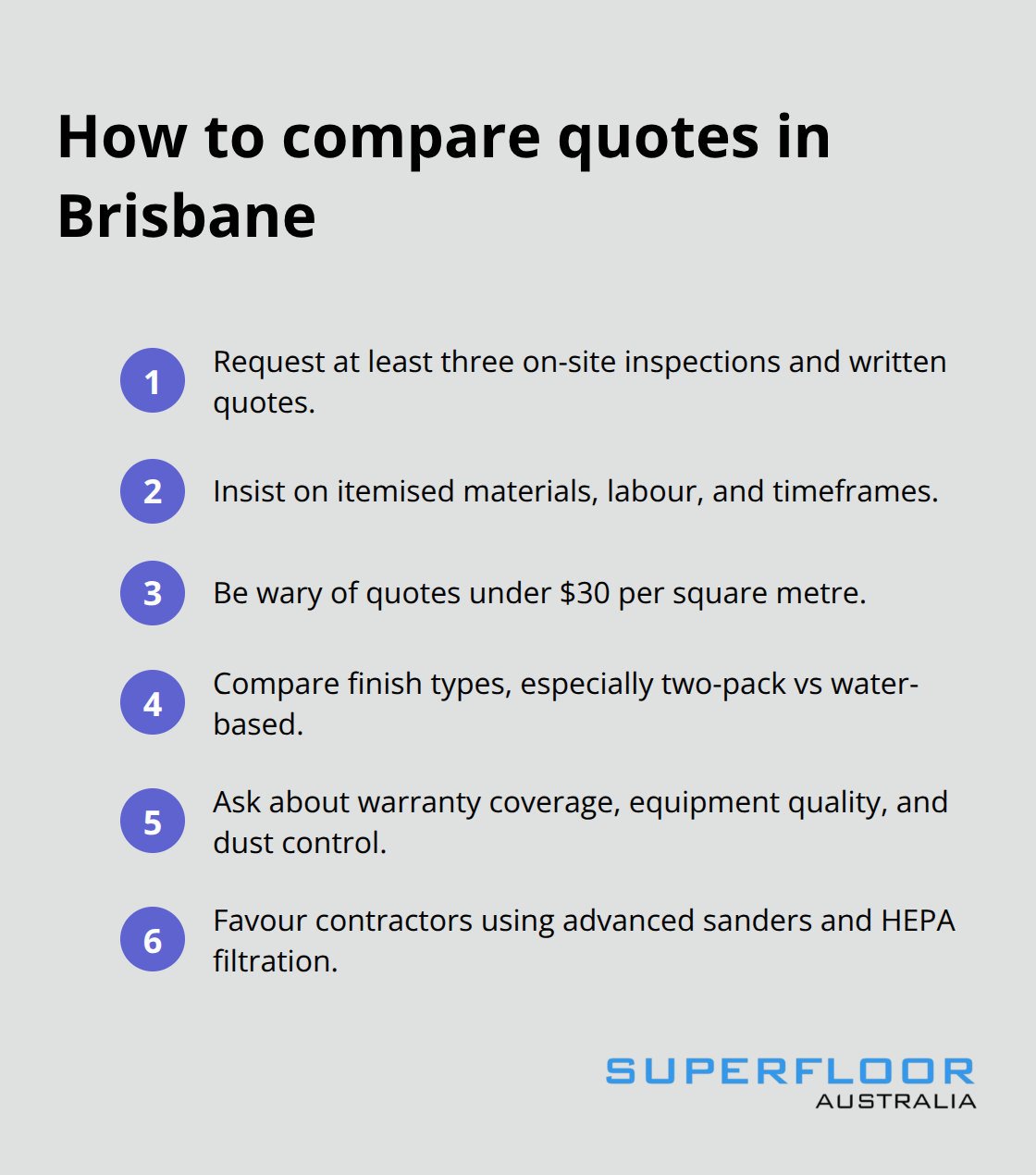 Compact checklist of quote comparison tips for Brisbane timber floor polishing - polished timber floors brisbane
